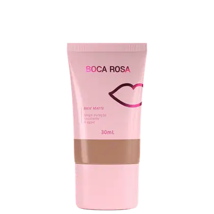 Base Matte Boca Rosa 30ml em bisnaga rosa com faixa bege, longa duração resistente à água.
