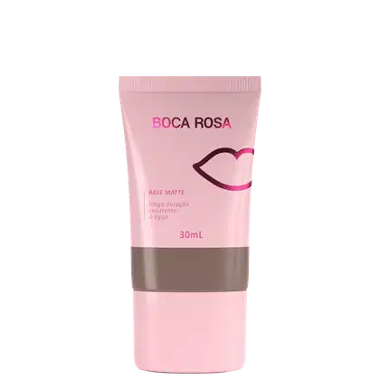 Base Matte Boca Rosa em bisnaga rosa com faixa cinza, 30mL, com coração estilizado na embalagem.
