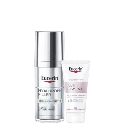 Conjunto Eucerin com dois produtos: frasco prateado de Hyaluron-Filler Sérum Epigenetic com Epicelline e tubo branco de Anti-Pigment com 2% AHA Complex. Embalagens em tons prata e branco com logotipo Eucerin vermelho.