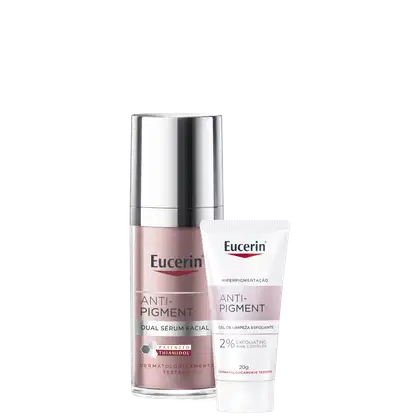 Conjunto Eucerin Anti-Pigment com dois produtos: frasco pump metalizado contendo Dual Sérum Facial com Thiamidol patenteado, e tubo branco com Gel de Limpeza Esfoliante 2% AHA Complex de 20g.
