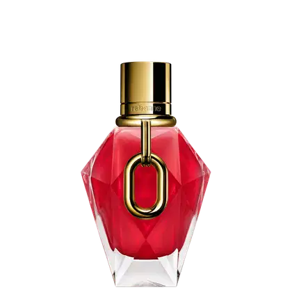 Item de perfumaria Rabanne em frasco geométrico vermelho intenso com tampa e anel dourado, fundo branco degradê.
