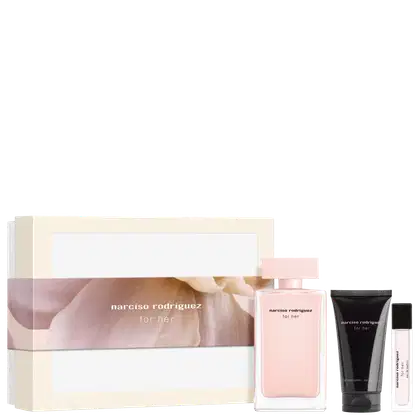 Kit Narciso Rodriguez For Her contendo: caixa com estampa floral em tons rosa e bege, frasco de eau de parfum rosa claro, loção corporal em tubo preto e miniatura de perfume translúcida.
