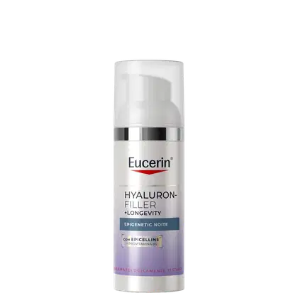 Frasco branco e prateado da linha Eucerin Hyaluron-Filler + Longevity, com rótulo indicando "Epigenetic Noite" e contendo Epicelline e Provitamina B5.