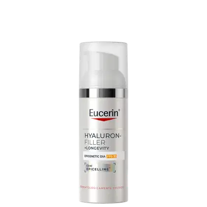 Frasco branco com rótulo Eucerin Hyaluron-Filler + Longevity, contendo proteção solar FPS 30 e tecnologia Epigelline, produto dermatologicamente testado.