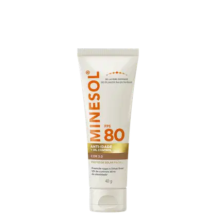 Protetor solar facial Minésol FPS 80, cor 3.0, em tubo branco com detalhes em laranja. Produto anti-idade com controle de oleosidade, 40g. Defesa 3D layers contra UVA, UVB e radicais livres.