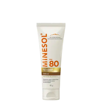 Protetor solar facial Minésol FPS 80, 40g, em tubo branco com tampa rosqueada. Rótulo laranja e dourado indicando "3D Layers Defense", "Anti-idade + Oil Control", cor 4.0 e "Protetor Solar Facial".