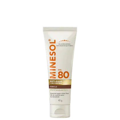 Protetor solar facial Minésol FPS 80 em tubo branco com tampa rosqueada. Embalagem com detalhes em laranja e marrom. Indicado para anti-idade e controle de oleosidade, cor 5.0, 40g.