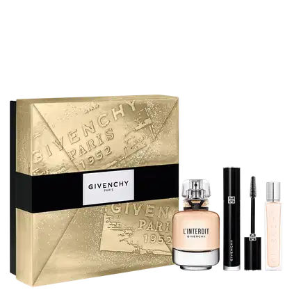 Kit Givenchy L'Interdit com caixa dourada texturizada, frasco de perfume bege com tampa cristal, mascara preta, e frasco travel size.