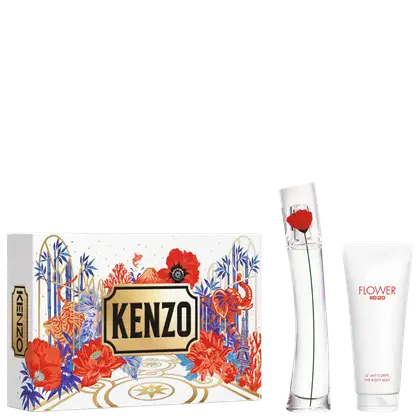 Kit Kenzo Flower com caixa estampada em azul, vermelho e dourado, frasco de perfume com flor vermelha e bisnaga de loção corporal branco.