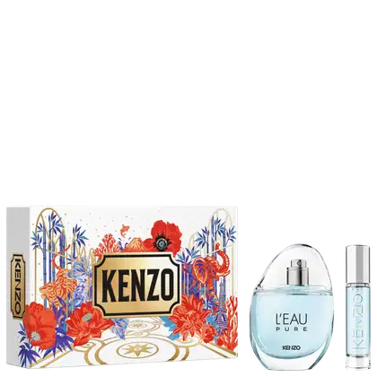 Conjunto Kenzo L'Eau Pure com caixa decorada em azul, vermelho e dourado, frasco de item de perfumaria em vidro transparente com líquido azul claro e frasco spray menor.