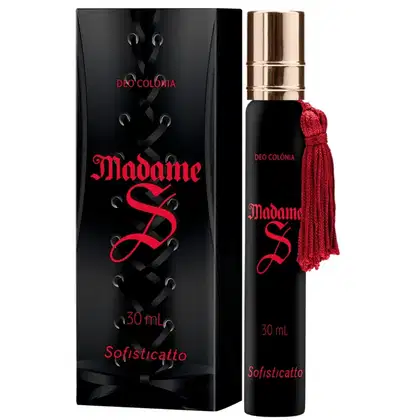 Frasco de perfume Deo Colonia Madame S da marca Sofisticatto, com embalagem preta e vermelha, contendo 30 ml do produto.