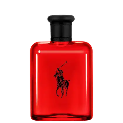 Frasco de perfume Polo Red vermelho com logotipo da marca Ralph Lauren em preto. Embalagem de vidro com tampa preta.
