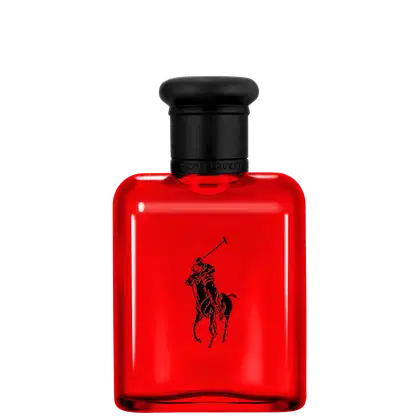 Frasco de perfume Polo Red da marca Ralph Lauren, com tampa preta e logotipo da marca em destaque. O design é minimalista e elegante, com a silhueta de um cavaleiro a cavalo impressa no recipiente.