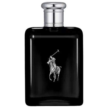 Frasco de perfume preto Polo Black da marca Ralph Lauren com tampa prateada e logotipo da marca em destaque.