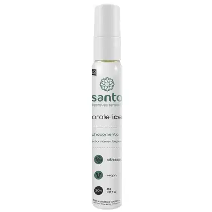 Gel aromático corporal refrescante de sabor intenso chocomenta. Embalagem cilíndrica branca de plástico. Destaca os dizeres "chocomenta sabor intenso beijável" e os selos "refrescante" e "vegan". Cores predominantes são branco e verde.