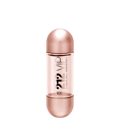 Perfume em frasco cilíndrico de metal rosado. O frasco tem um formato alongado com uma tampa arredondada na parte superior. O rótulo frontal exibe o texto "212 VIP Rosé" em letras douradas sobre fundo rosado.