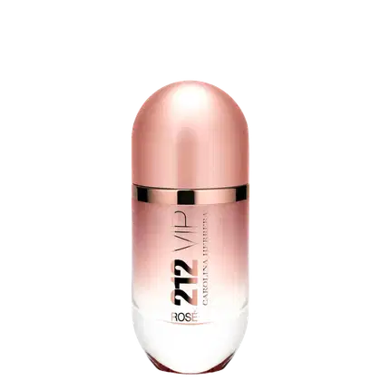 Perfume em frasco cilíndrico de metal rosado. O frasco tem um formato alongado com uma tampa arredondada na parte superior. O rótulo frontal exibe o texto "212 VIP Rosé" em letras douradas sobre fundo rosado.