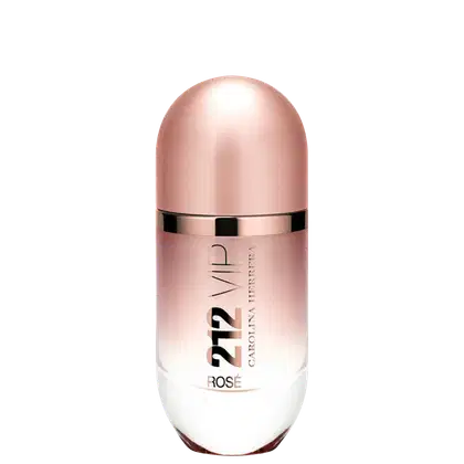 Perfume em frasco cilíndrico de metal rosado. O frasco tem um formato alongado com uma tampa arredondada na parte superior. O rótulo frontal exibe o texto "212 VIP Rosé" em letras douradas sobre fundo rosado.