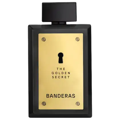 Frasco de perfume preto com painel frontal dourado exibindo o texto "The Golden Secret" e "Banderas" em letras douradas. O frasco possui um design elegante e minimalista, com um pequeno orifício no centro.