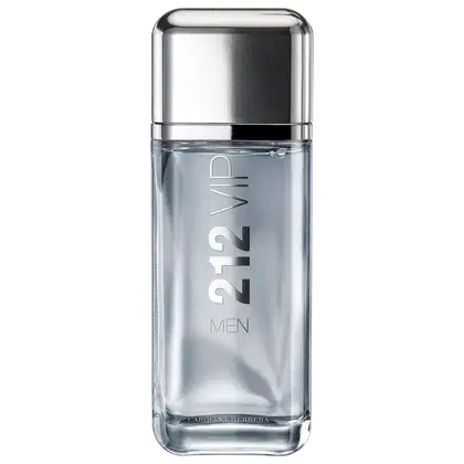 Frasco de perfume masculino Carolina Herrera 212 VIP, com design elegante em vidro transparente e tampa metálica brilhante. Rótulo com o nome da fragrância em letras grandes e informações sobre a marca.