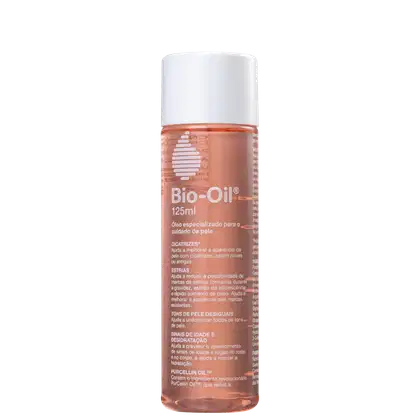 Frasco de 125ml do produto Bio-Oil, com rótulo branco e laranja, contendo informações sobre os benefícios do óleo para a pele, como cicatrizes, estrias e tons de pele desiguais.
