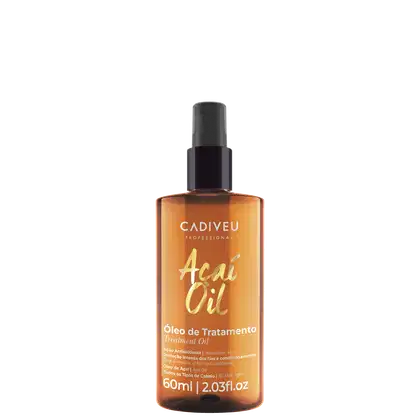 Frasco de óleo capilar Cadiveu Professional Açaí Oil, com 60ml, em embalagem de vidro âmbar com rótulo branco e laranja destacando o nome do produto e sua função.