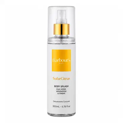 Frasco de corpo com spray da linha Solar Citrus da Barbour's Beauty. Embalagem de vidro transparente com tampa dourada e rótulo amarelo destacando os ingredientes cha verde, mandarina e âmbar.