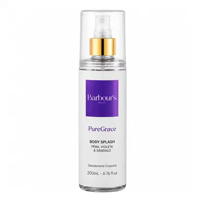 Frasco de corpo com pulverizador da linha PureGrace da Barbour's Beauty, com rótulo roxo e detalhes dourados, contendo 200 mL de desodorante corporal com fragrância de pera, violeta e sândalo.