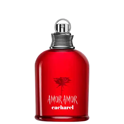 Frasco de perfume Amor Amor da Cacharel, com design arredondado e tampa metálica, em vermelho brilhante com logotipo e nome da marca em destaque.