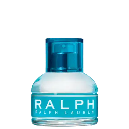 Frasco de perfume Ralph Lauren de cor azul turquesa com rótulo branco contendo o nome da marca em letras grandes. O frasco possui um design elegante e moderno, com um bico pulverizador na parte superior.