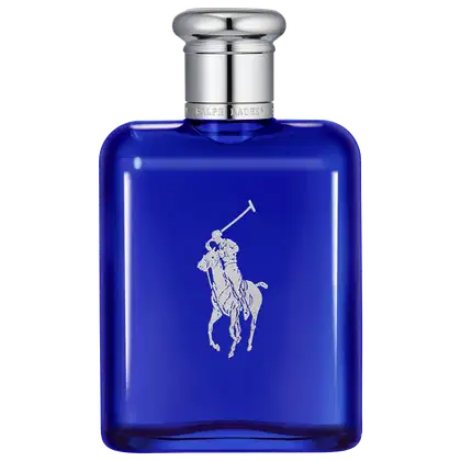 Frasco de perfume azul da marca Ralph Lauren com logotipo prateado em relevo. Recipiente de vidro com tampa metálica arredondada, apresentando design elegante e sofisticado.