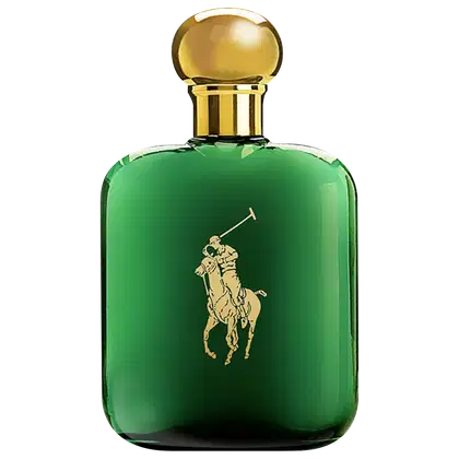 A imagem mostra um frasco de perfume verde, com tampa dourada e a logo da marca no frasco também em dourado.