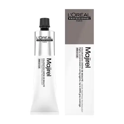 Frasco de tinta para cabelos Majirel da marca L'Oréal Professionnel Paris. O rótulo apresenta o nome da marca e informações sobre a tecnologia e composição do produto.