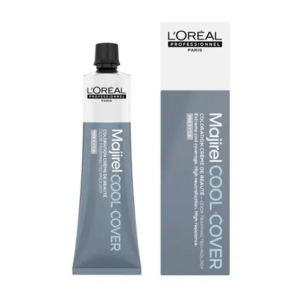 Tubo de tinta de cabelo da marca L'Oréal Professionnel Paris, com embalagem cinza e branca. O rótulo indica que se trata de uma cobertura de cor para cabelos.