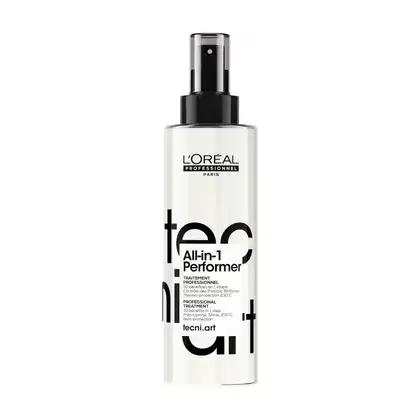 Frasco branco e preto da linha Tecni.art All-in-1 Performer da L'Oréal Professionnel, um tratamento profissional com 30 benefícios em uma única etapa, que promete controle de frizz, brilho e proteção térmica a 230°C.