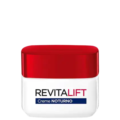 Creme noturno da linha Revitalift da L'Oréal Paris, em embalagem branca e vermelha, com o nome do produto destacado em letras pretas e azuis.