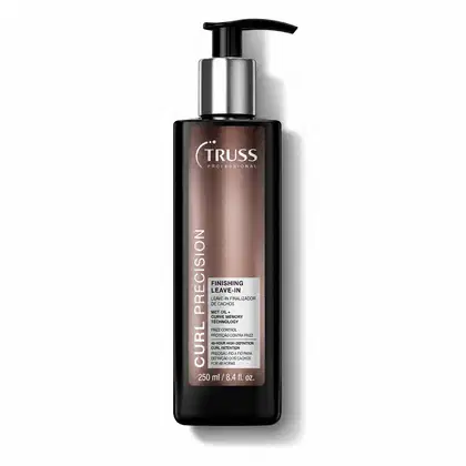 Frasco de 250 ml de Finishing Leave-in da marca Truss Professional, com design preto e prata, contendo informações sobre a tecnologia de memória de curva e proteção contra frizz.