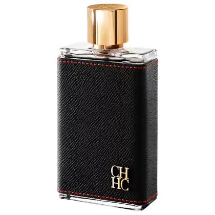 Frasco de perfume Carolina Herrera em embalagem preta com detalhes em vermelho, tampa dourada com logotipo CHHC. Recipiente de vidro com design elegante e sofisticado.
