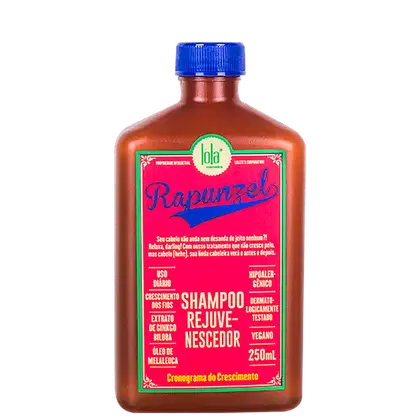Frasco de shampoo Rapunzel da marca Lola From Rio, com embalagem de plástico de cor laranja e rótulo verde e vermelho destacando o nome do produto e informações sobre seu uso diário e benefícios para o crescimento dos cabelos.