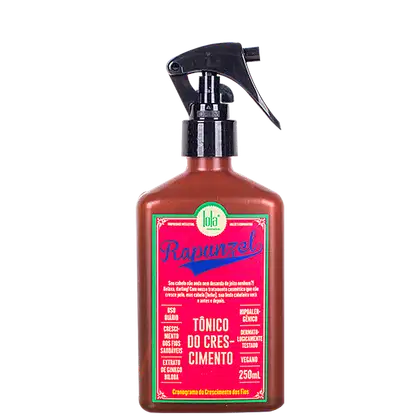 Frasco de spray com rótulo rosa e verde da marca Lola From Rio, contendo "Tônico do Crescimento do Cabelo" com 250ml de volume.