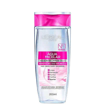 Frasco de 200ml de Água Micelar da L'Oréal Paris, com solução de limpeza 5 em 1 que remove 96% das impurezas, sem deixar resíduos. Embalagem de plástico transparente com tampa rosa e rótulo branco com o logo da marca.