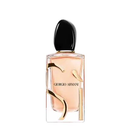 Item de perfumaria em frasco de vidro transparente com tampa preta e detalhes dourados. Rótulo com o nome da marca "Giorgio Armani" em letras pretas. Produto com coloração clara, provavelmente um perfume ou colônia.