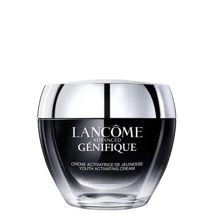 Frasco de vidro transparente com tampa arredondada contendo o produto de cuidados com a pele Lancôme Advanced Génifique, com rótulo em preto e branco destacando o nome da marca e o nome do produto.