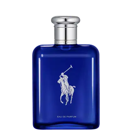 Frasco de perfume da marca Ralph Lauren, com design elegante e sofisticado em tom azul intenso. O rótulo apresenta o logotipo da marca em branco, com a inscrição "Eau de Parfum" abaixo.