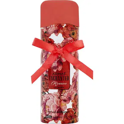 Frasco de perfume corporal Armaf Enchanted, com design floral em tons de vermelho e rosa, embalado em recipiente cilíndrico vermelho e laço vermelho decorativo.