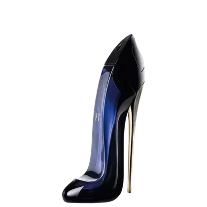 Frasco do perfume Good Girl da Carolina Herrera, em tons de preto e azul com design elegante e sofisticado em formato de salto agulha. 