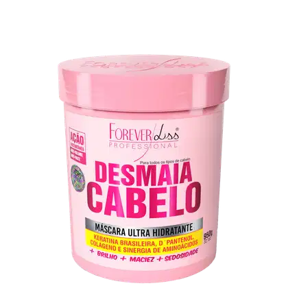 Embalagem rosa de máscara capilar da linha Forever Liss Professional, com rótulo indicando "Desmaia Cabelo" e ingredientes como Keratina Brasileira, D-Pantenol e Colágeno.
