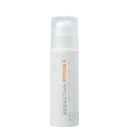 Potion 9, produto da linha Sebastian Professional. Frasco cilíndrico  branco opaco. Rótulo com o nome da marca "Sebastian" em letras maiúsculas cinza e o nome do produto "Potion 9" em laranja.