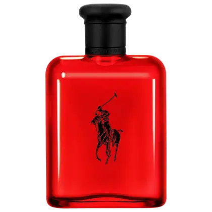 Frasco de perfume Polo Red vermelho da marca Ralph Lauren, com tampa preta e logotipo da marca em destaque. O design é elegante e minimalista, com a silhueta de um cavaleiro a cavalo impressa no recipiente.