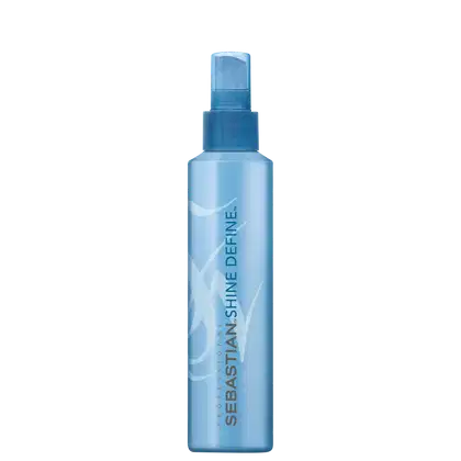 Spray de brilho Sebastian Professional. Frasco spray plástico transparente azul claro. Rótulo com o nome da marca "Sebastian" e o produto "Shine Define" em letras brancas. Embalagem cilíndrica com tampa borrifadora azul escuro na parte superior.